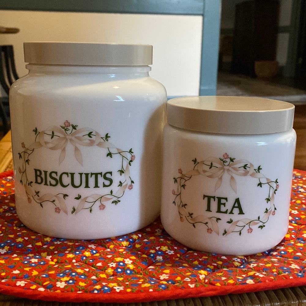 Vintage 1980s Candlelight English Floral Milk Glass Tea and Biscuits Jars